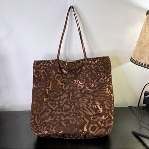 Carlos Falchi Handmade Bronze Leopard Print Large Tote Handbag 16”x18”